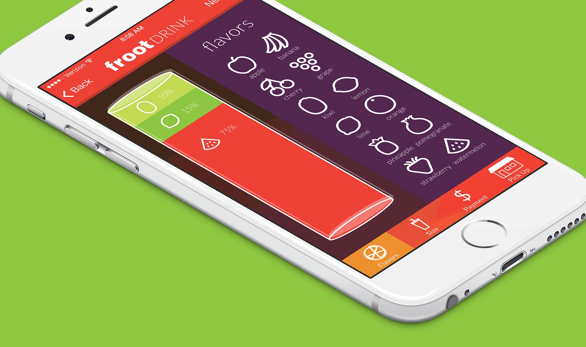 FrootDrink mobile interface displayed on a phone against a lime-green background