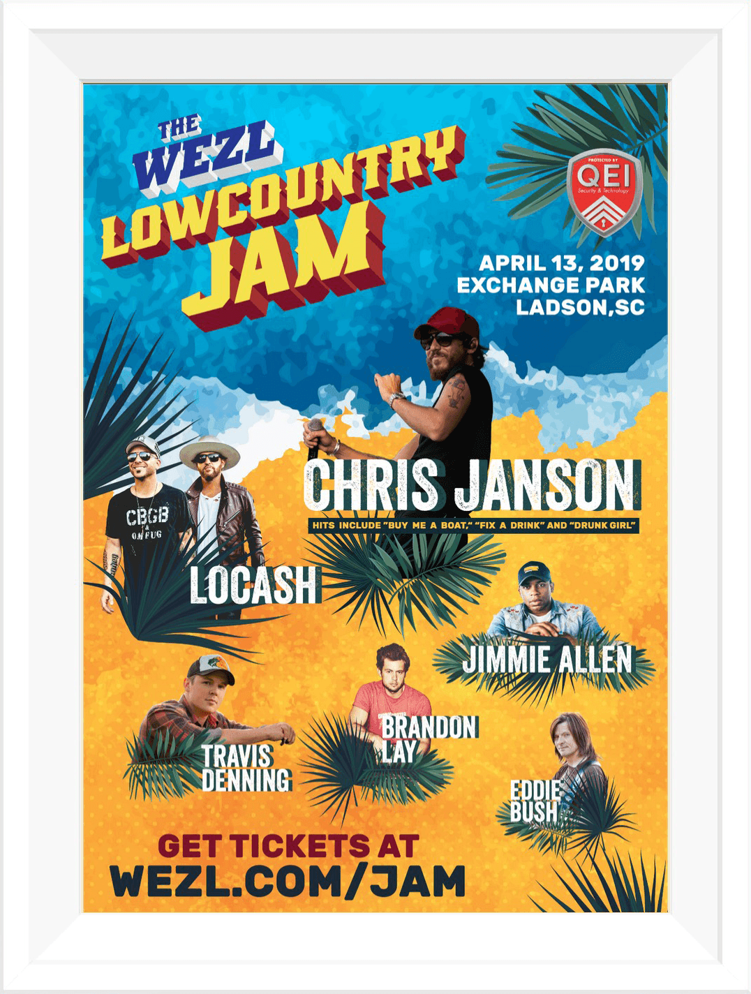 Framed Lowcountry Jam concert poster for April 13, 2019 at Exchange Park in Ladson, South Carolina