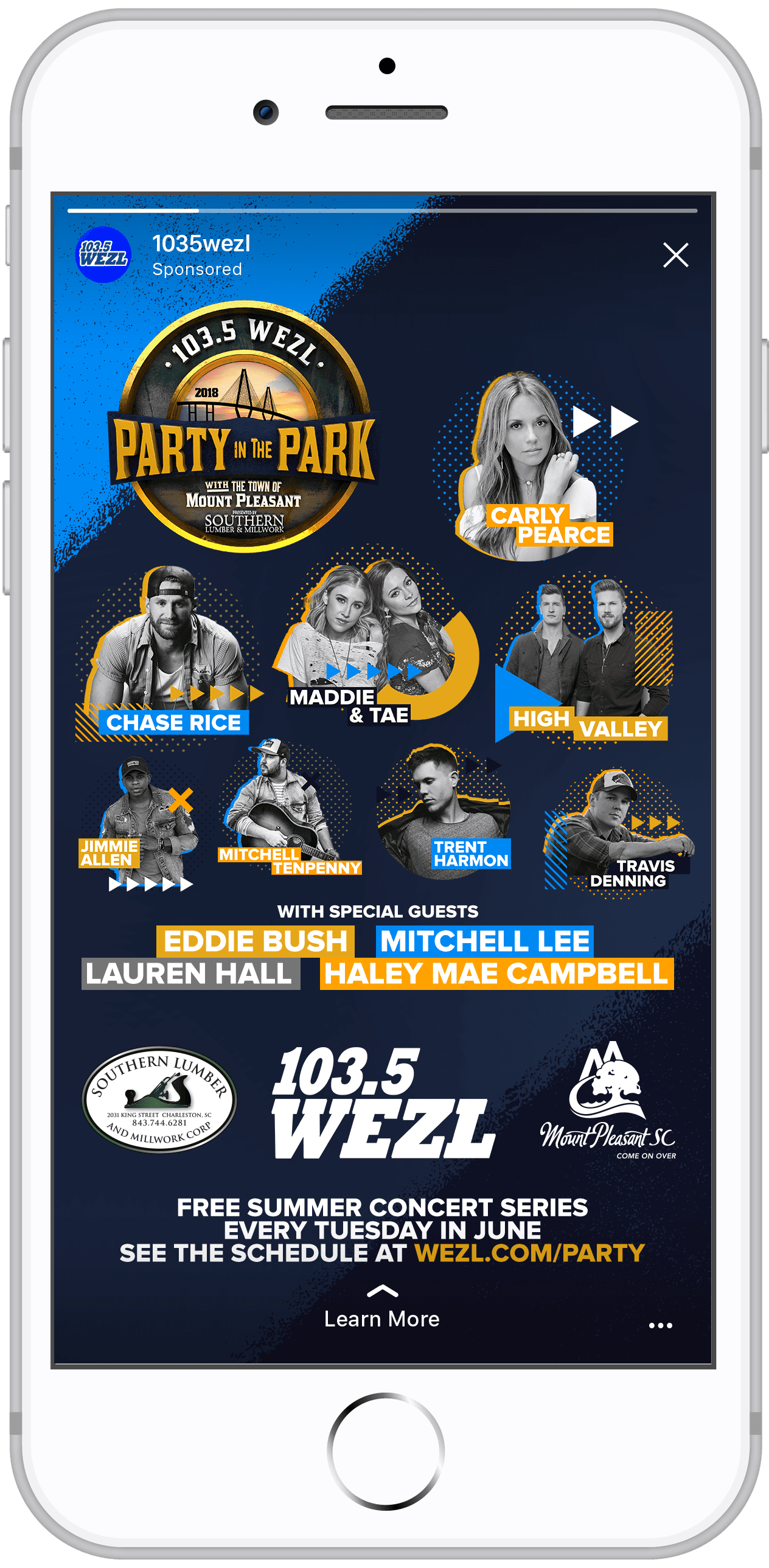 Instagram Story promoting the Party in the Park lineup