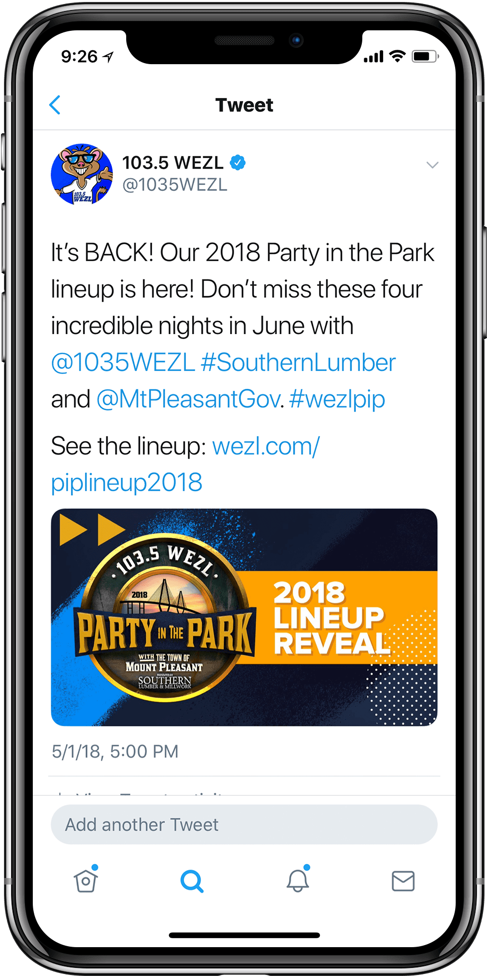 Tweet announcing the 2018 lineup reveal