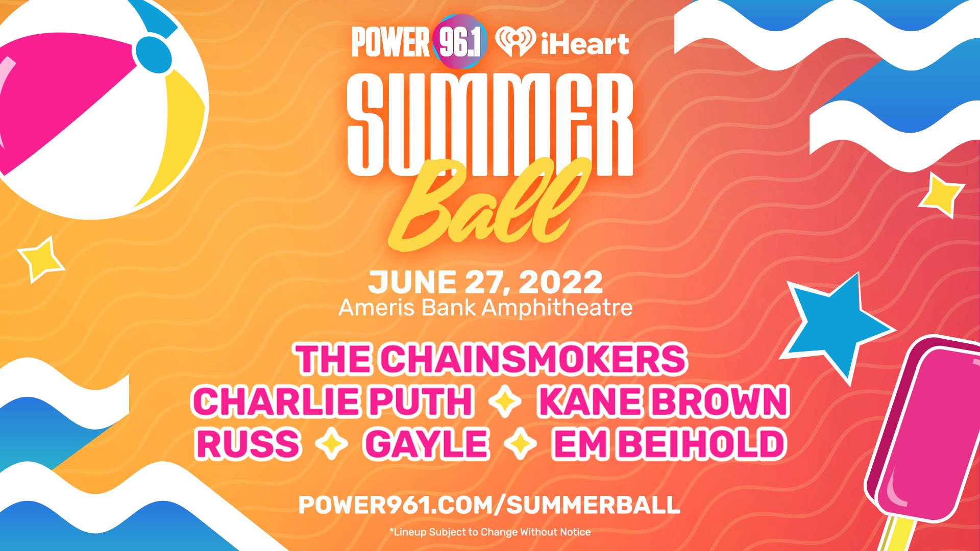 Summer Ball concert artwork with The Chainsmokers, Charlie Puth, Kane Brown, Russ, GAYLE, and Em Beihold